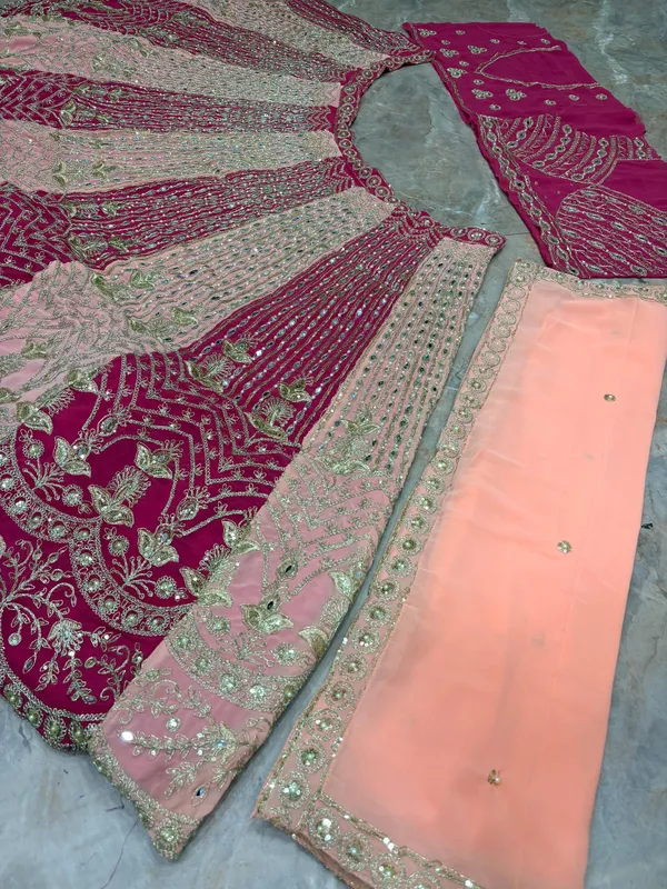 Peach_And_Maroon_Embroidered_Lehenga_Choli_Set_With_Dupatta