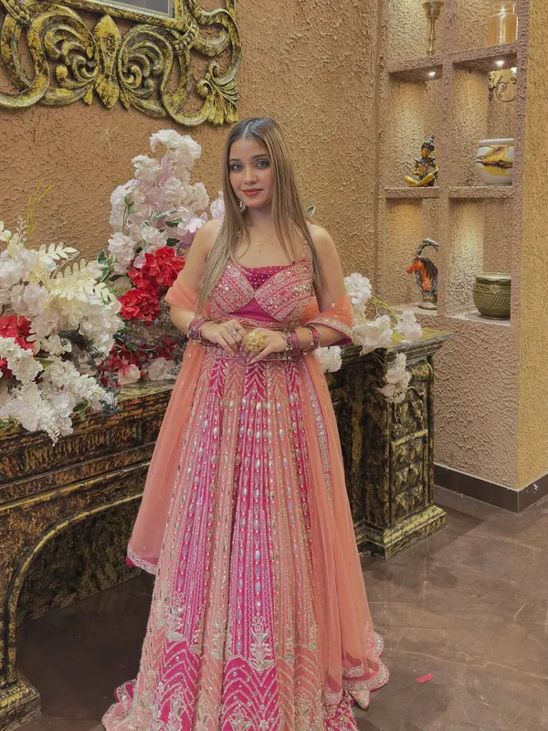 Peach_And_Maroon_Embroidered_Lehenga_Choli_Set_With_Dupatta