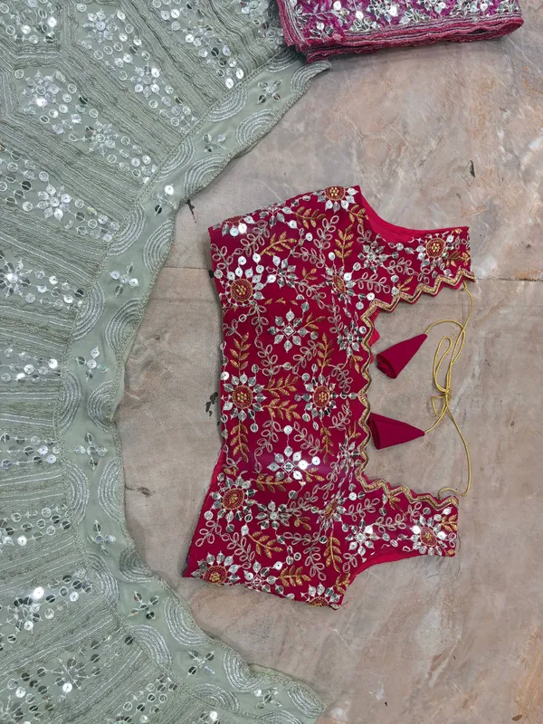 Silver_Sequin_Lehenga_With_Red_Embroidered_Blouse_And_Pink_Dupatta
