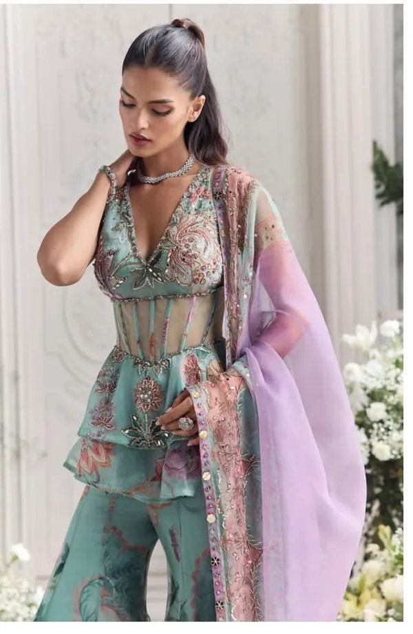 Floral_Embroidered_Sage_Green_Lehenga_Set_With_Purple_Dupatta