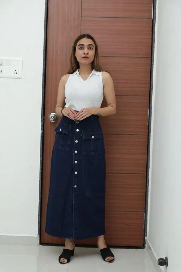 Women'S_Dark_Blue_Button-Front_Denim_Maxi_Skirt