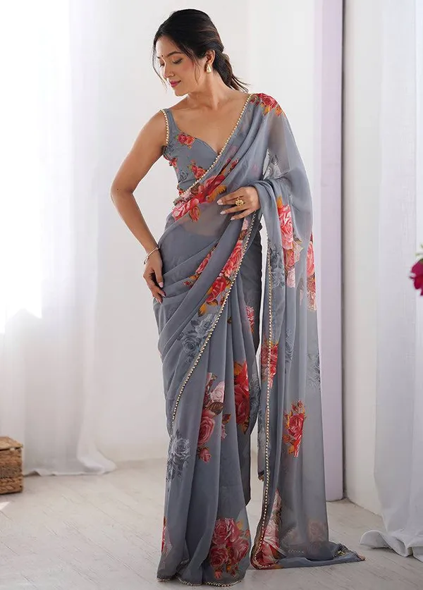 Grey_Floral_Print_Saree_With_Embellished_Border_And_Sleeveless_Blouse