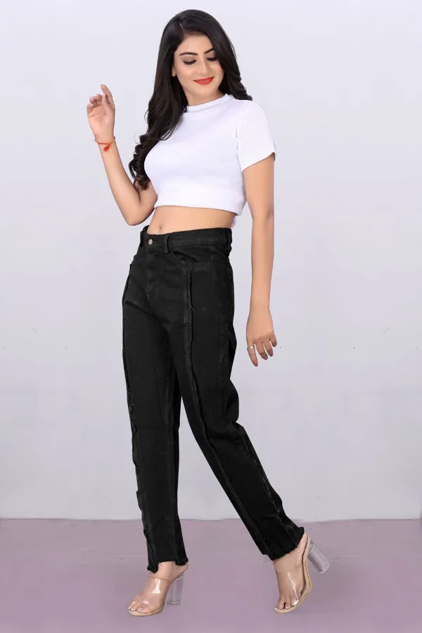 Women'S_High-Waist_Black_Distressed_Jeans_With_Raw_Hem