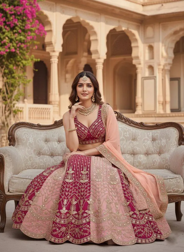 Peach_And_Maroon_Embroidered_Lehenga_Choli_Set_With_Dupatta