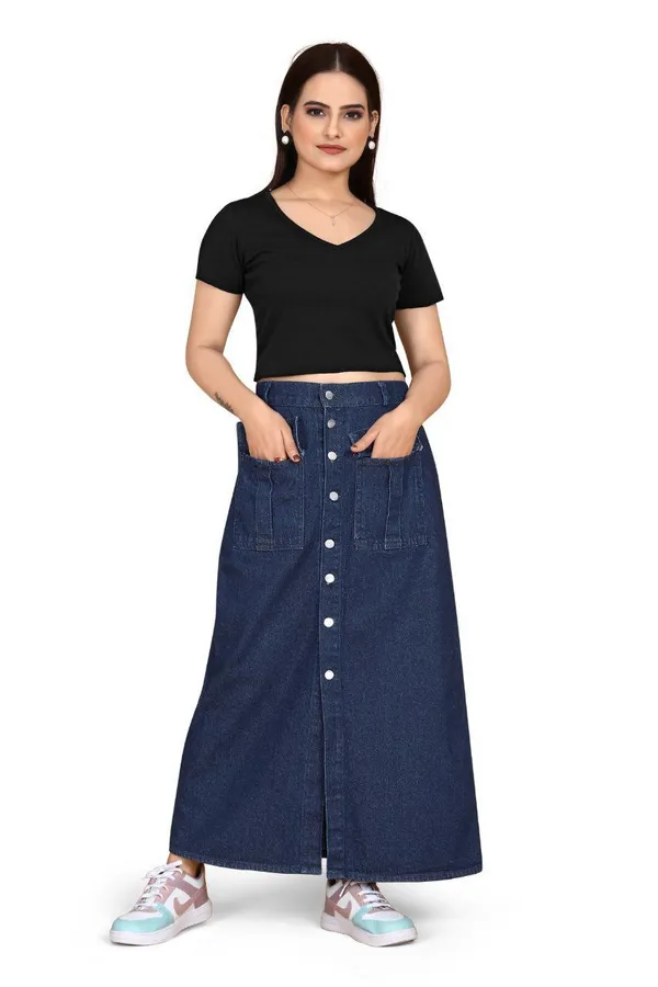 Women'S_Dark_Blue_Button-Front_Denim_Maxi_Skirt