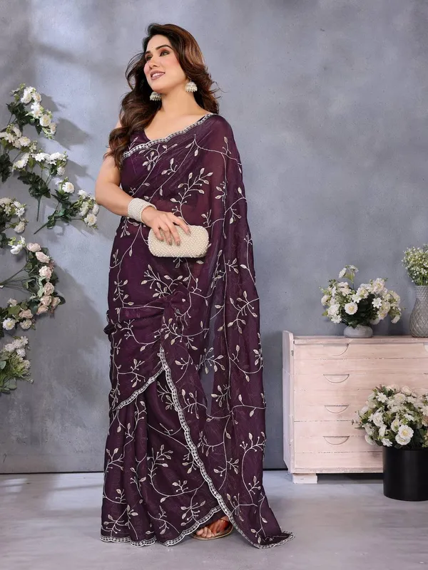 Purple_Georgette_Embroidered_Saree_With_Floral_Sequin_Work
