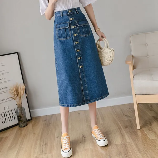 Women'S_Denim_A-Line_Button-Front_Midi_Skirt_With_Pockets