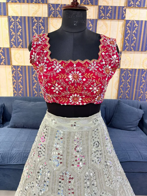 Silver_Sequin_Lehenga_With_Red_Embroidered_Blouse_And_Pink_Dupatta