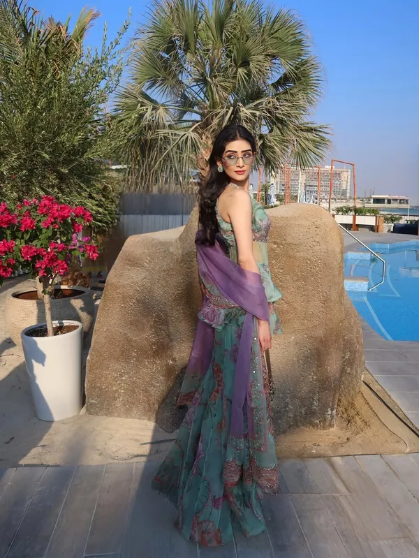 Floral_Embroidered_Sage_Green_Lehenga_Set_With_Purple_Dupatta
