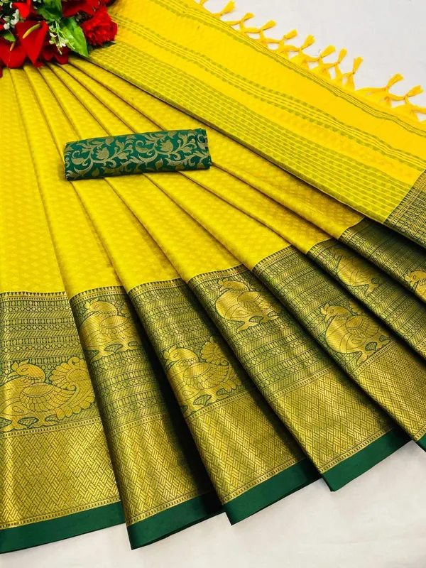 Yellow_Kanjivaram_Silk_Saree_With_Green_Zari_Border_And_Blouse_Piece