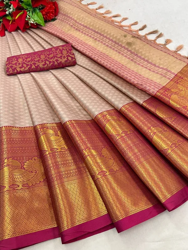 Traditional_Beige_Kanjivaram_Silk_Saree_With_Zari_Border