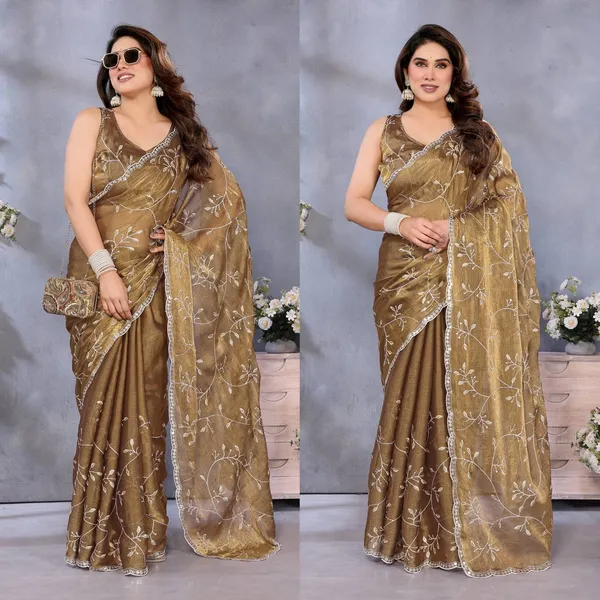 Golden_Beige_Embroidered_Net_Saree_With_Sequin_Border_And_Embellished_Blouse