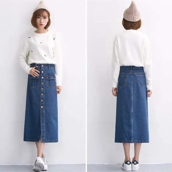 Women'S_Denim_A-Line_Button-Front_Midi_Skirt_With_Pockets