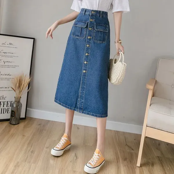 Women'S_Denim_A-Line_Button-Front_Midi_Skirt_With_Pockets