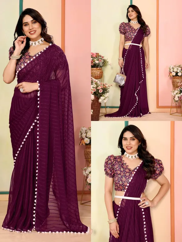 Purple_Georgette_Saree_With_Floral_Embroidered_Blouse_And_Pom-Pom_Border