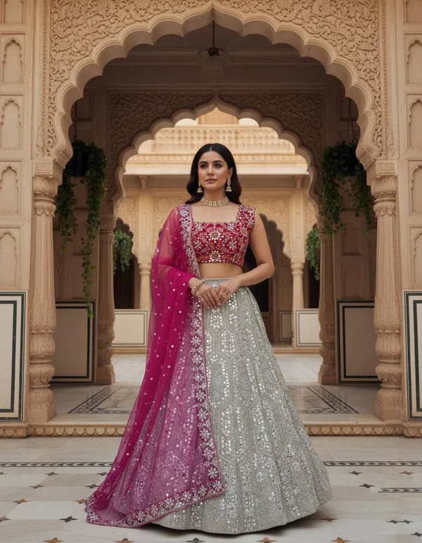 Silver_Sequin_Lehenga_With_Red_Embroidered_Blouse_And_Pink_Dupatta