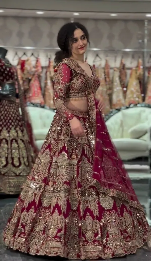 Bridal_Red_Velvet_Embellished_Lehenga_Choli_Set_With_Heavy_Zari_Work