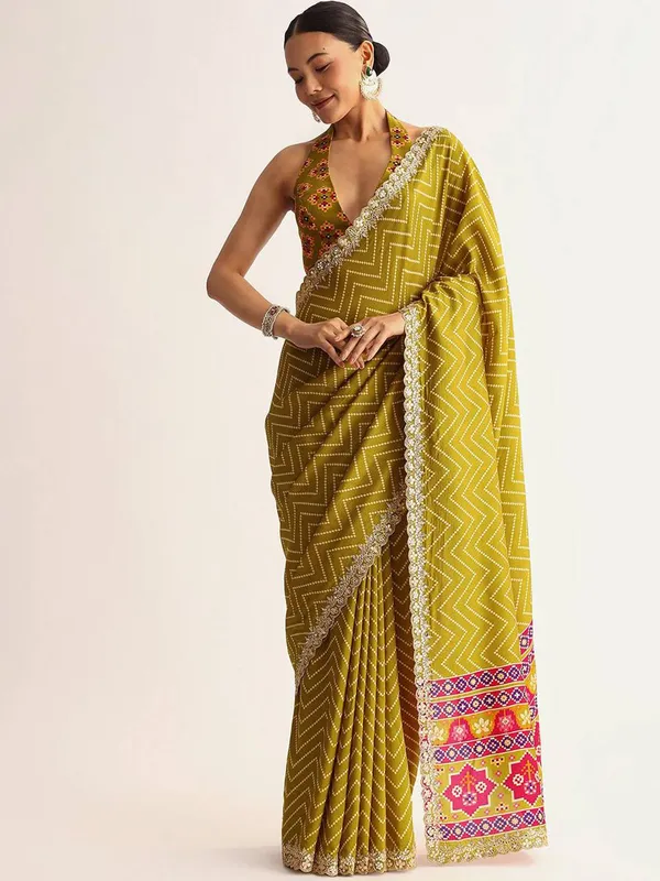 Olive_Green_Zigzag_Pattern_Embellished_Saree_With_Vibrant_Border