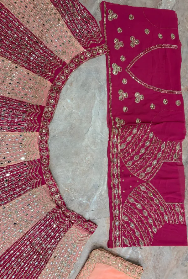 Peach_And_Maroon_Embroidered_Lehenga_Choli_Set_With_Dupatta