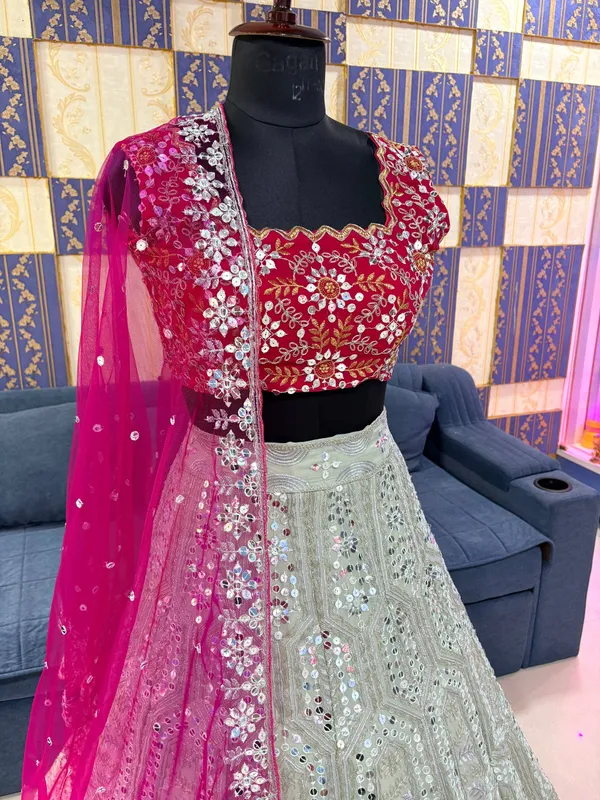 Silver_Sequin_Lehenga_With_Red_Embroidered_Blouse_And_Pink_Dupatta