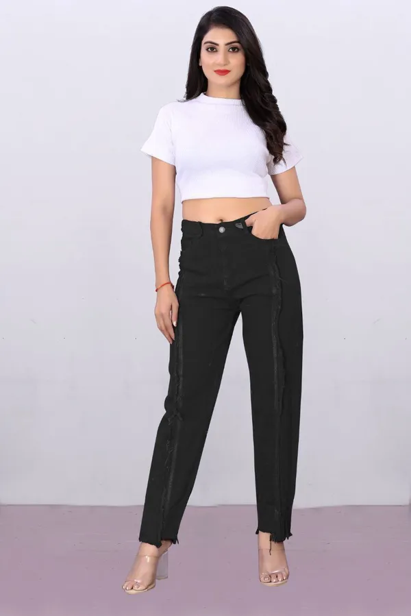 Women'S_High-Waist_Black_Distressed_Jeans_With_Raw_Hem