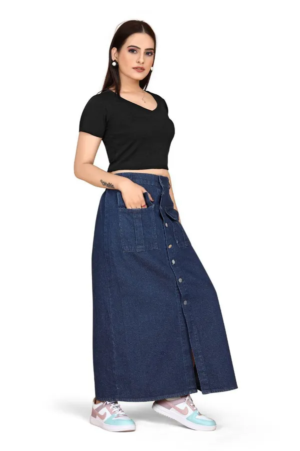 Women'S_Dark_Blue_Button-Front_Denim_Maxi_Skirt
