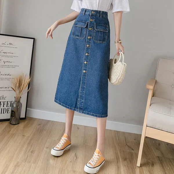 Women'S_Denim_A-Line_Button-Front_Midi_Skirt_With_Pockets