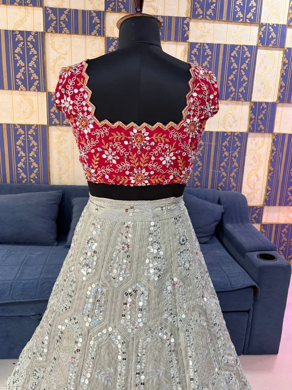 Silver_Sequin_Lehenga_With_Red_Embroidered_Blouse_And_Pink_Dupatta