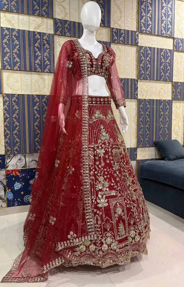 Maroon_Embroidered_Bridal_Lehenga_Choli_Set_With_Heavy_Zari_Work_And_Dupatta