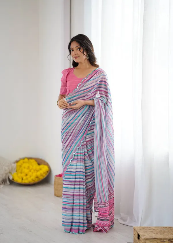 Multicolor_Striped_Cotton_Saree_With_Pink_Blouse