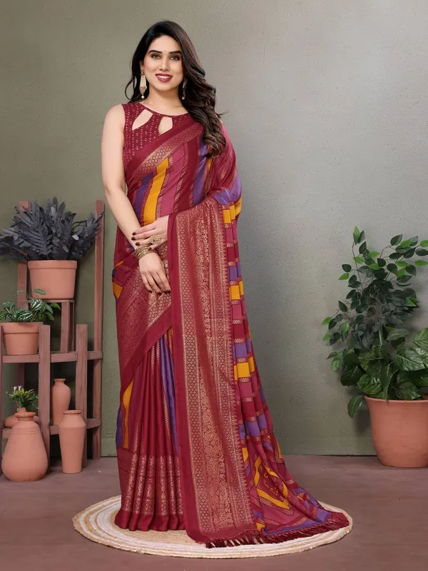 Multicolor_Striped_Saree_With_Intricate_Border_And_Keyhole_Blouse