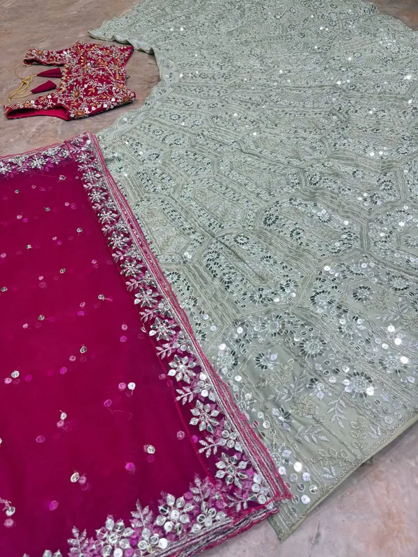 Silver_Sequin_Lehenga_With_Red_Embroidered_Blouse_And_Pink_Dupatta