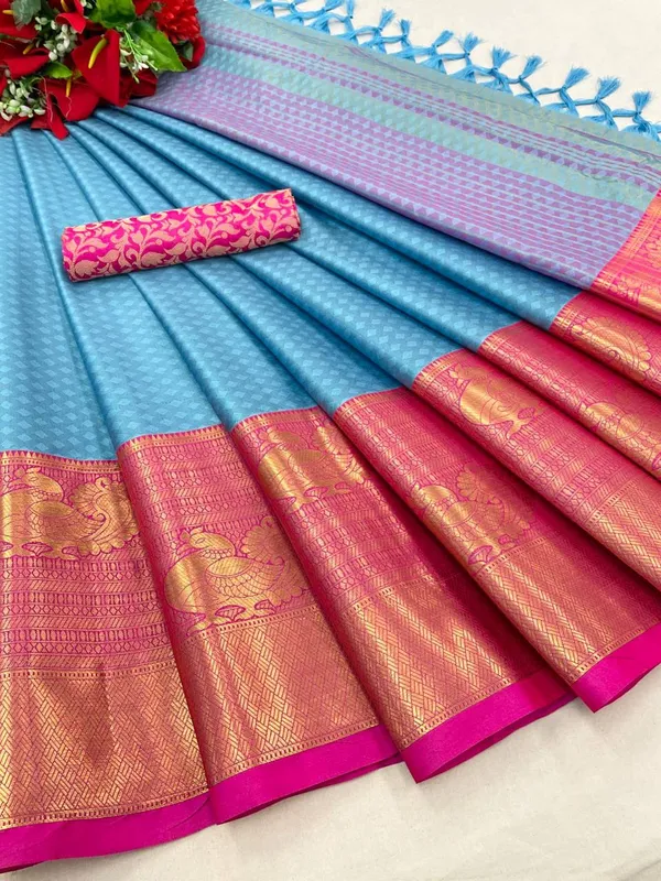 Kanjivaram_Silk_Saree_With_Contrast_Border_And_Blouse_Piece_-_Sky_Blue_And_Pink