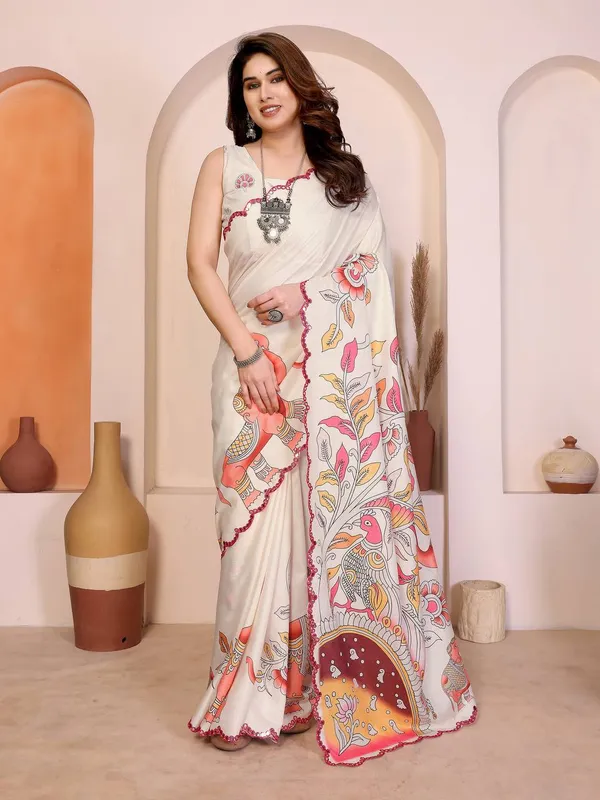 Elegant_Handpainted_Kalamkari_Silk_Saree_With_Peacock_Motifs