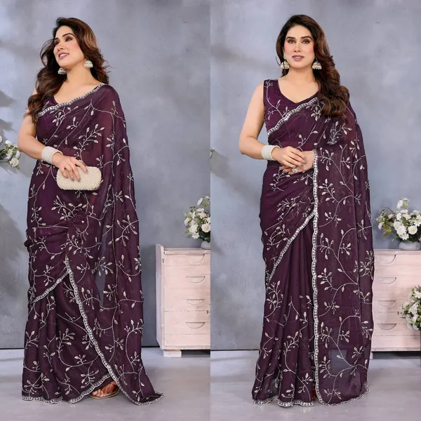 Purple_Georgette_Embroidered_Saree_With_Floral_Sequin_Work