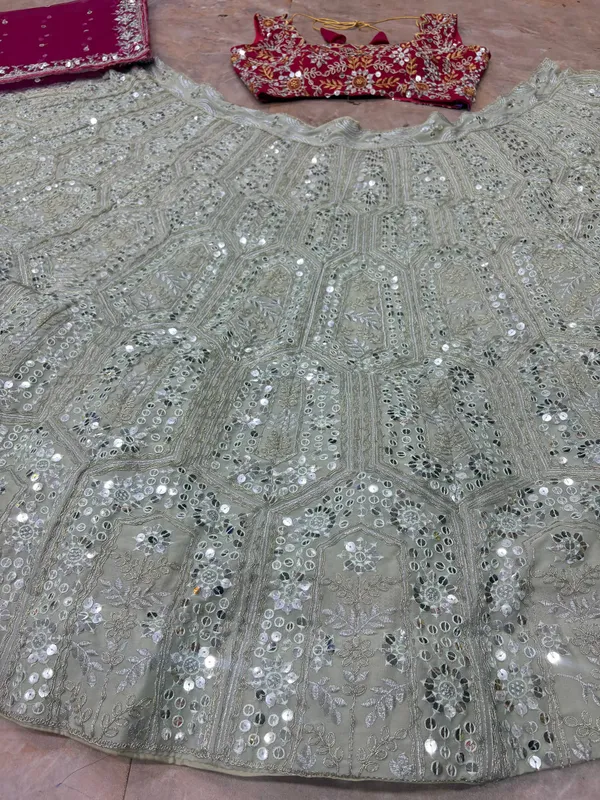Silver_Sequin_Lehenga_With_Red_Embroidered_Blouse_And_Pink_Dupatta