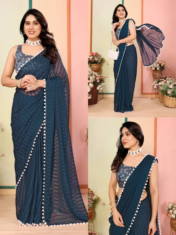 Dark_Teal_Saree_With_White_Pom-Pom_Border_And_Embroidered_Blouse