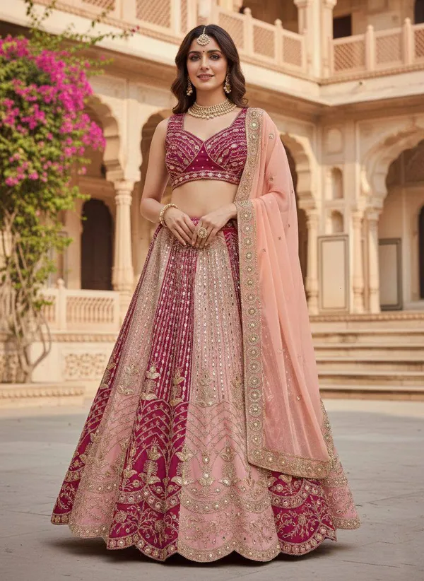 Peach_And_Maroon_Embroidered_Lehenga_Choli_Set_With_Dupatta