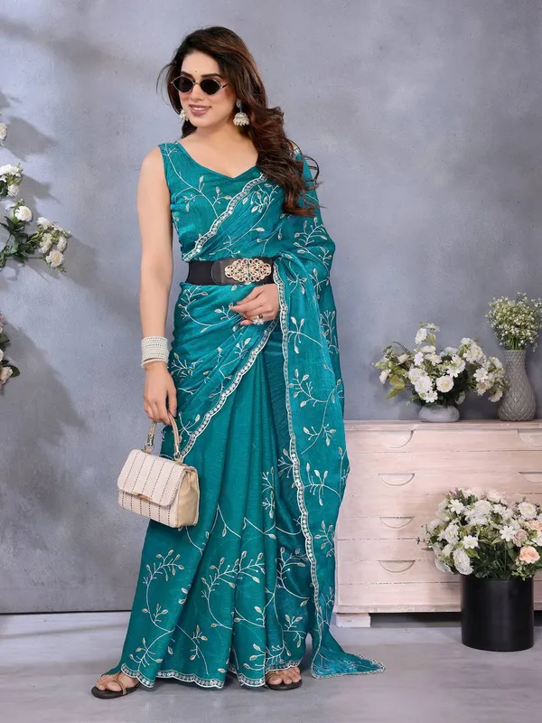 Turquoise_Embroidered_Georgette_Saree_With_Sequin_Border