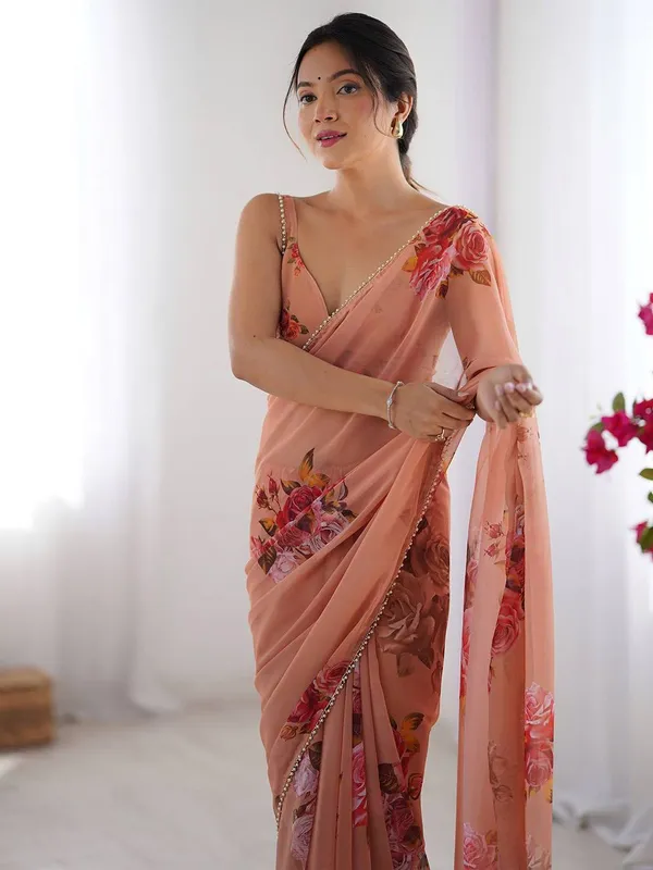 Peach_Floral_Embroidered_Saree_With_Sequin_Border_And_Matching_Blouse