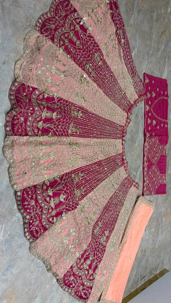 Peach_And_Maroon_Embroidered_Lehenga_Choli_Set_With_Dupatta
