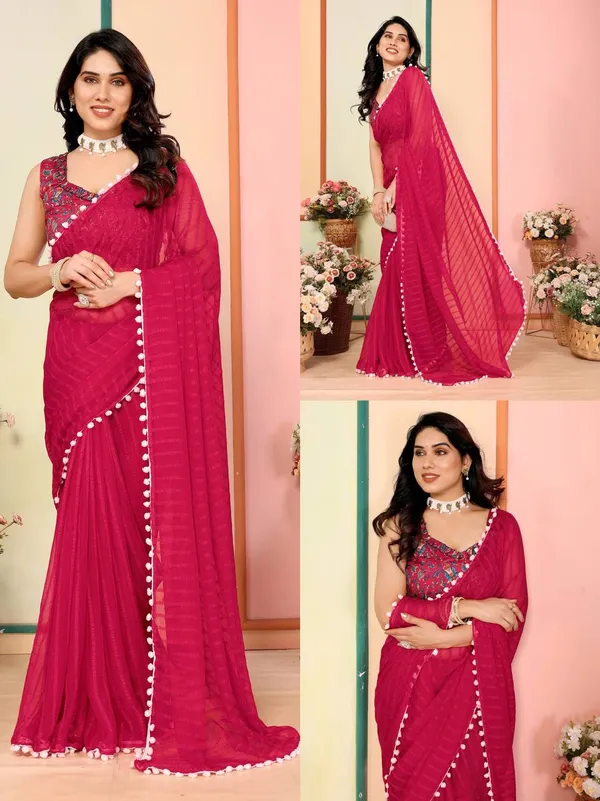 Magenta_Pink_Georgette_Saree_With_Pom-Pom_Border_And_Embroidered_Blouse