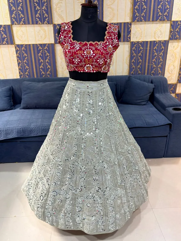 Silver_Sequin_Lehenga_With_Red_Embroidered_Blouse_And_Pink_Dupatta