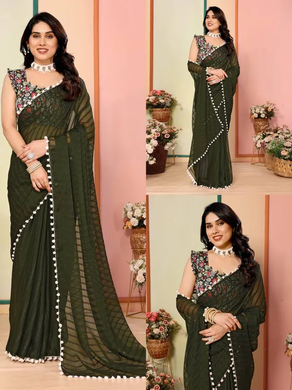 Elegant_Dark_Green_Saree_With_Floral_Embroidered_Blouse_And_Pom-Pom_Border