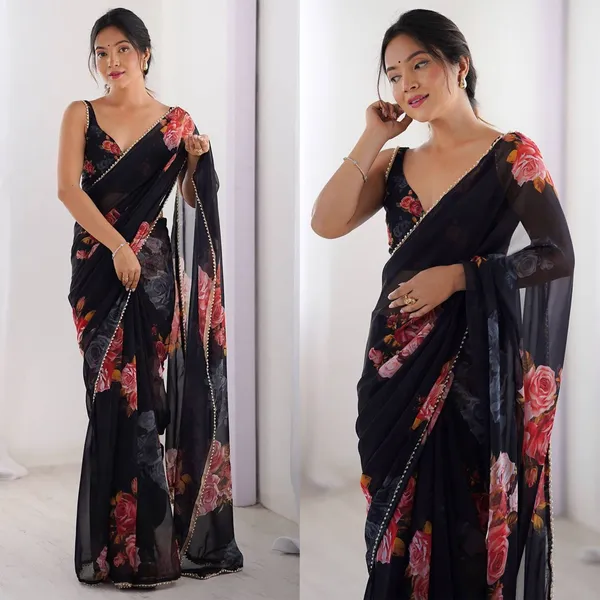 Black_Floral_Georgette_Saree_With_Embroidered_Border