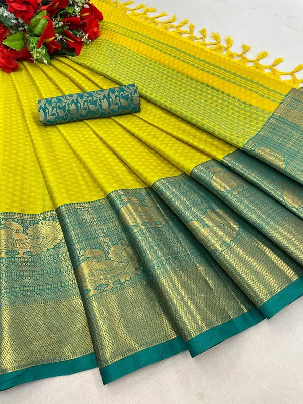 Traditional_Yellow_Kanjivaram_Silk_Saree_With_Green_Zari_Border