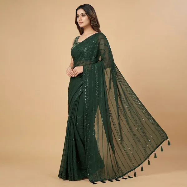 Elegant_Green_Georgette_Saree_With_Embellished_Blouse
