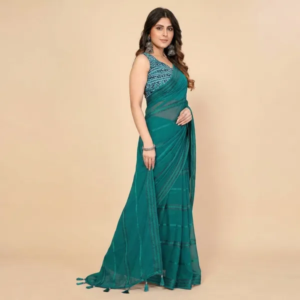 Elegant_Teal_Organza_Saree_With_Embellished_Blouse