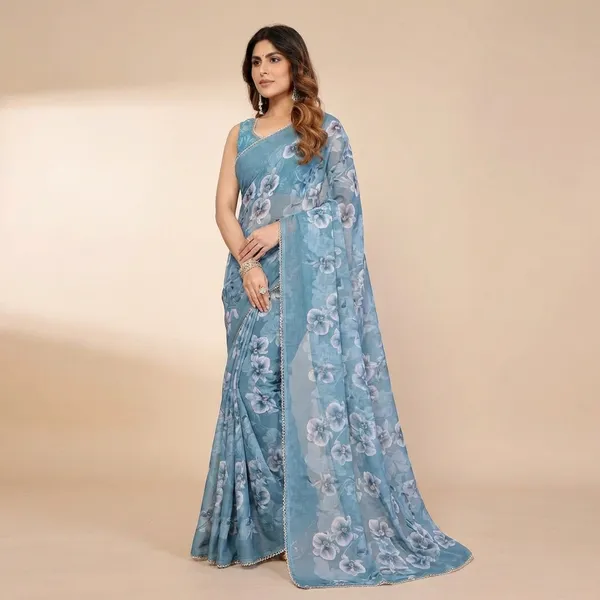 Elegant_Blue_Floral_Georgette_Saree_With_Designer_Blouse