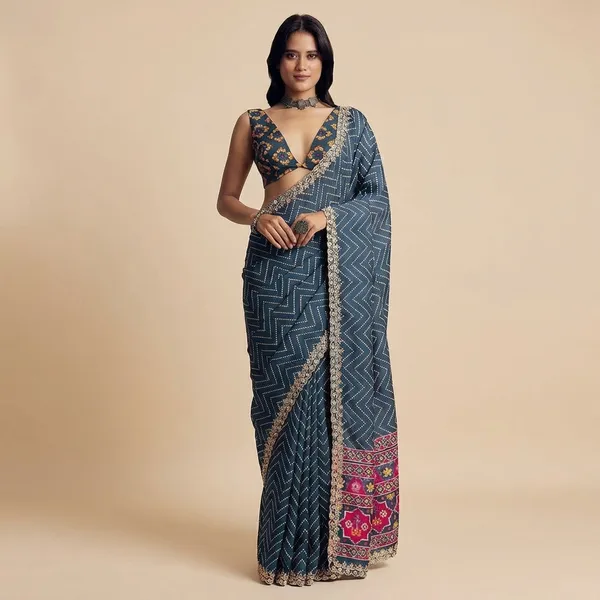 Navy_Blue_Sequin_Embellished_Saree_With_Golden_Border_And_Embroidered_Blouse